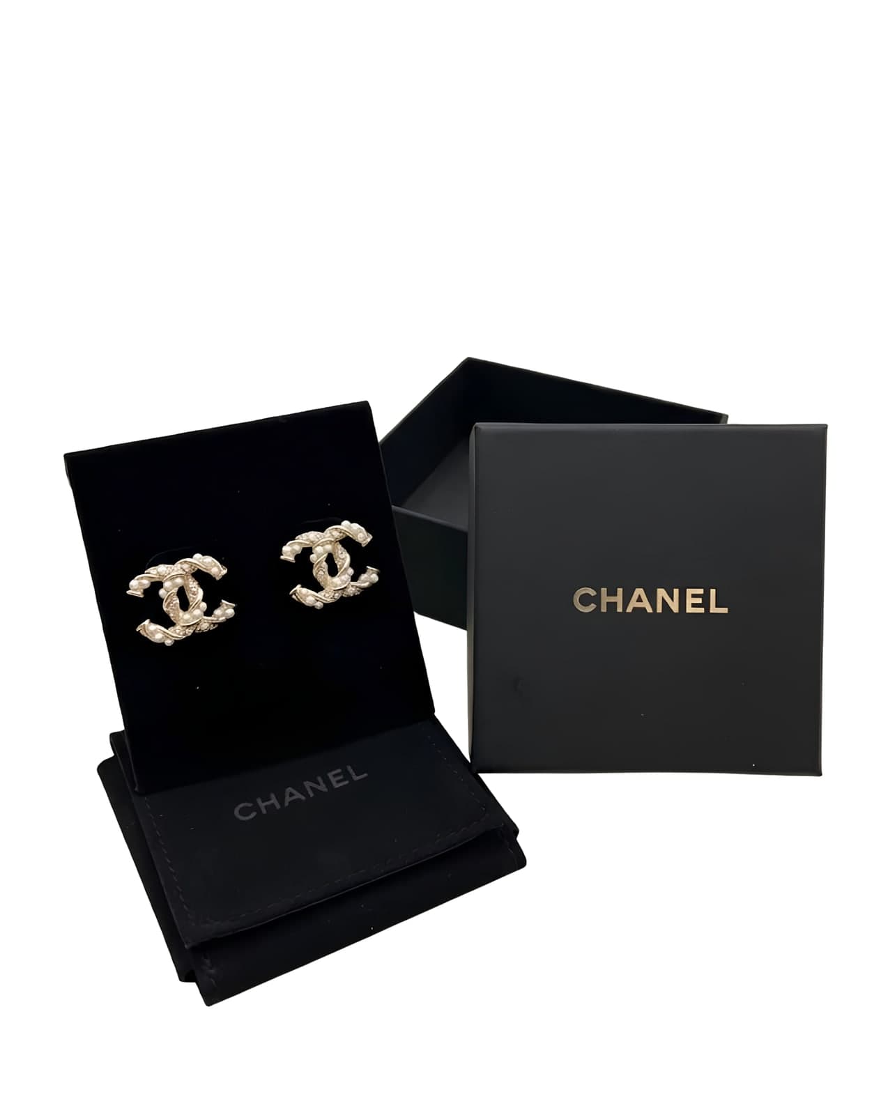 Chanel Boucles d'oreilles CC torsadées — Perles & cristaux, doré pâle