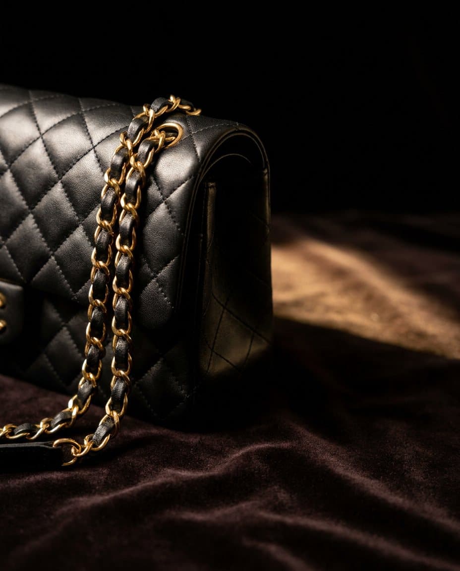 Détail de cuir matelassé et chaîne dorée