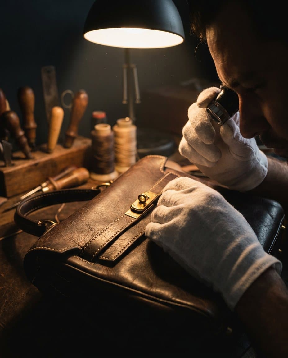 Expert inspectant les coutures d'un sac à la loupe, gants blancs
